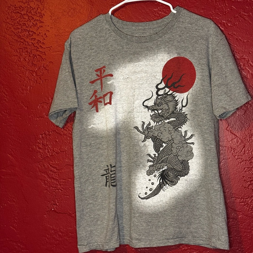 Gray T-Shirt with Dragon and Red Sun Design